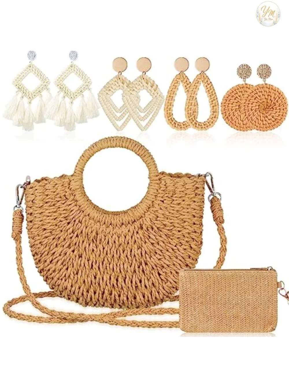 Woven Rattan Straw Clutch Purse with Earrings Set Boho Beach Vacation